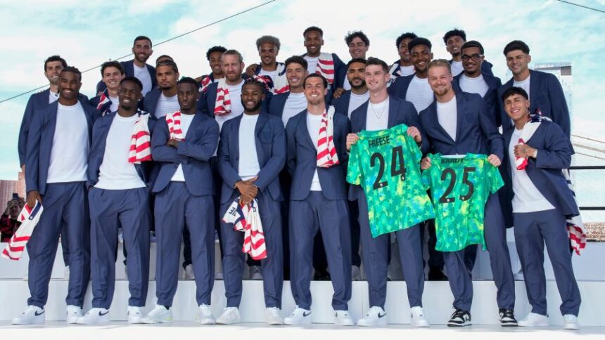 United States men's national soccer team pose after announcement of the team's roster, Tuesday, May 26, 2026, in New York, ahead of the FIFA World Cup soccer tournament. (AP Photo/Eduardo Munoz Alvarez)