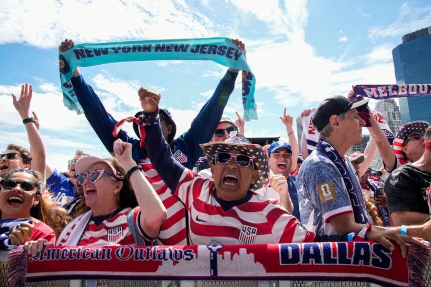 Fans celebrate during the announcement of the United States men's national soccer team roster, Tuesday, May 26, 2026, in New York, ahead of the FIFA World Cup soccer tournament. (AP Photo/Eduardo Munoz Alvarez)