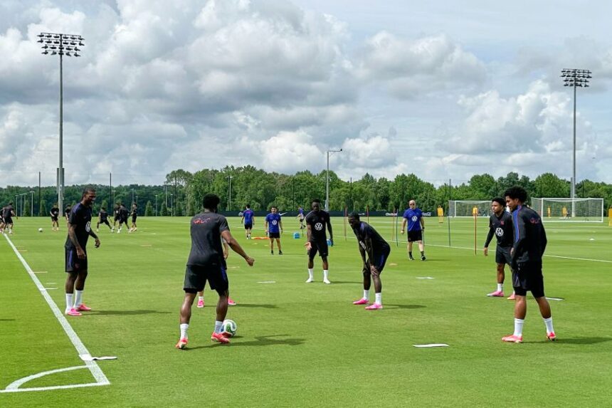 United States soccer players work on a drill at the new national training complex, Thursday, May 28, 2026, in Fayetteville, Ga., ahead of the 2026 World Cup soccer tournament. (AP Photo/Ronald Blum