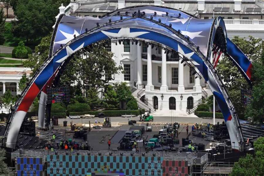 Construction continues on the arena on the South Lawn of the White House for a future UFC mixed martial arts fight, Saturday, June 6, 2026, in Washington.