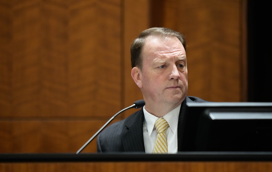 Deputy Utah County Attorney Christopher Ballard reviews a video from the witness stand during a hearing for Tyler Robinson, accused in the fatal shooting of Charlie Kirk, in 4th District Court in Provo, Utah, on Friday, June 12, 2026.