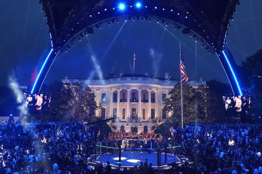 Lights shine at the UFC Freedom 250 on the South Lawn of the White House, Sunday, June 14, 2026, in Washington.