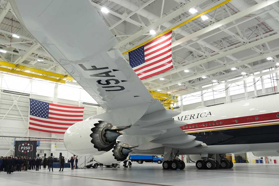 The newly designated Air Force One presidential aircraft sits in a hangar following a tour by President Donald Trump at Joint Base Andrews, Md., Friday, June 19, 2026.