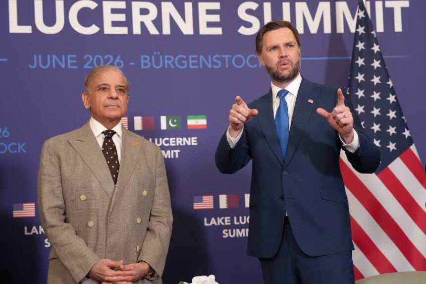 U.S. Vice President JD Vance, right, meets with Pakistan's Prime Minister Shehbaz Sharif, during high-level talks aimed at advancing a deal to end the Middle East conflict, at the Bürgenstock Resort in Obbuergen, near Lucerne, in Switzerland, Sunday, June 21, 2026.