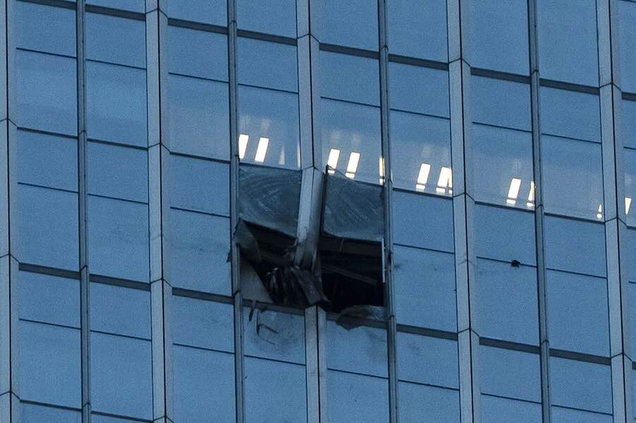 The surface of the Citic Tower also known as Zun Tower is damaged in Beijing,, Friday, June 26, 2026.