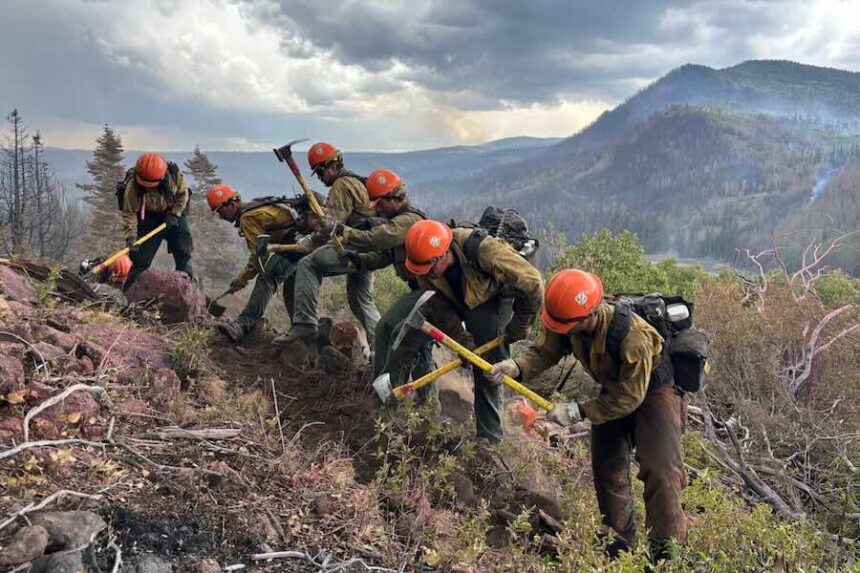 Firefighters respond to the Cottonwood Fire above Birch Lake, near Beaver, Utah, on Wednesday, June 24, 2026.