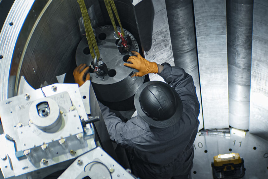 An Antares engineer assembles the Mark-0 Microreactor at Idaho National Laboratory's Materials and Fuels Complex. | Courtesy of Antares Nuclear