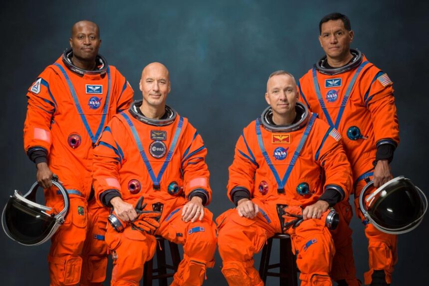 This undated photo provided by NASA Tuesday, June 9, 2026, shows the Artemis III crew including, from left, Andre Douglas, Luca Parmitano, Randy Bresnik and Frank Rubio, posing for an official portrait. (Bill Stafford/NASA via AP)