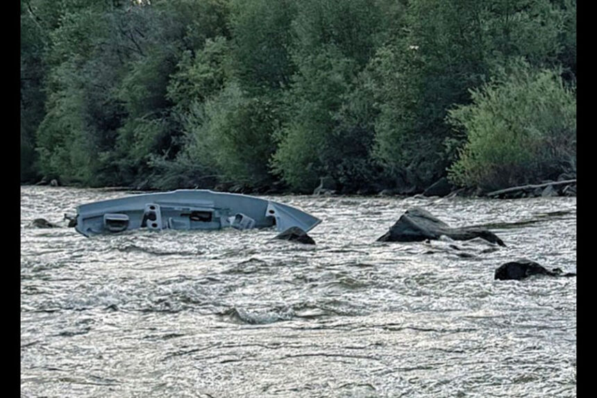 Three fishermen were rescued Thrusday afternoon, after their boat overturned in the Fall River after it had struck multiple rocks. | Courtesy Fremont County Search & Rescue