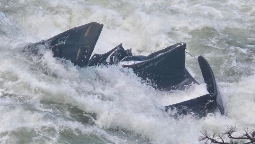 The wreckage of a pickup truck is seen after it crashed into the Payette River near Cascade on Sunday, May 31, 2026. (KIVI)