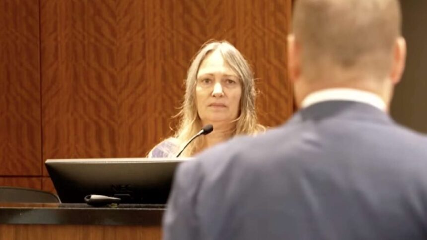 Tracy Grist, 61, is questioned by her attorney, Dana Facemyer, during her jury trial for the murder of her son-in-law, in the Provo 4th District Courthouse, April 2026.