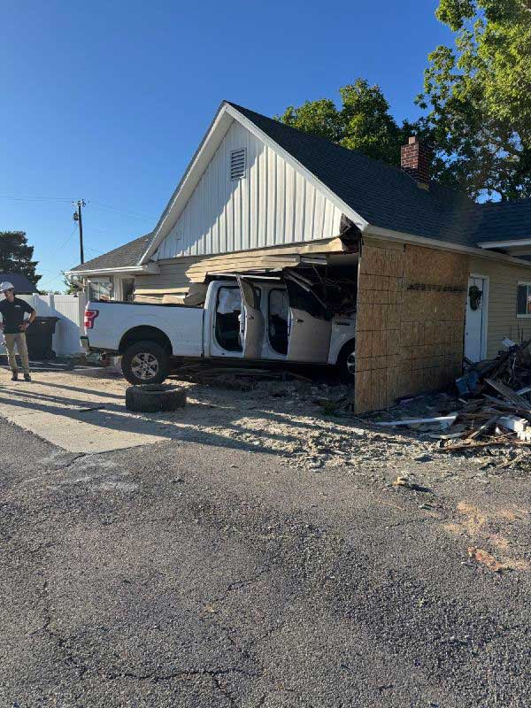 A pickup truck crashed into a house in Perry, Utah, on Thursday, June 11, 2026. The truck was involved in a crash on U.S. Highway 89, causing it to veer off the roadway and into the house, according to Box Elder County Sheriff's Office.