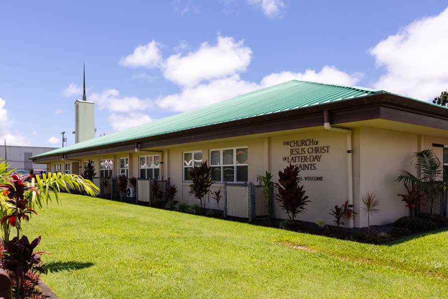 A Church meetinghouse in Hilo, Hawaii, where, on June 13, 2026, nonprofit representatives, members, and friends of The Church of Jesus Christ of Latter-day Saints meet to organize a food donation from the Church as part of the America250 America Gives Initiative. Hawaii is the 50th state to receive a donation.