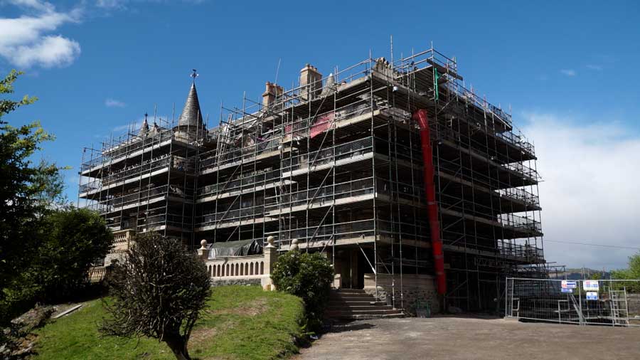 A view of the exterior of a Utah couple's castle in Cove, Scotland, as it undergoes renovations in 2026.