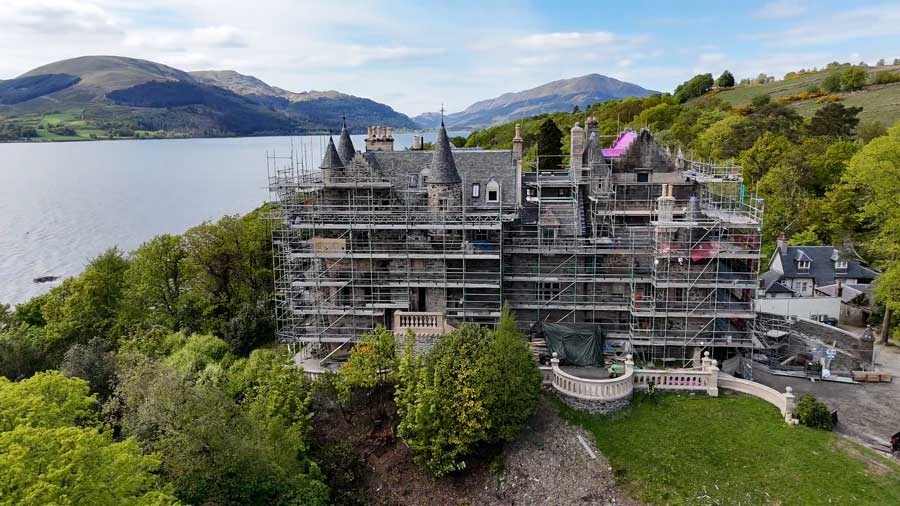 A view of the exterior of a Utah couple's castle in Cove, Scotland, as it undergoes renovations in 2026.