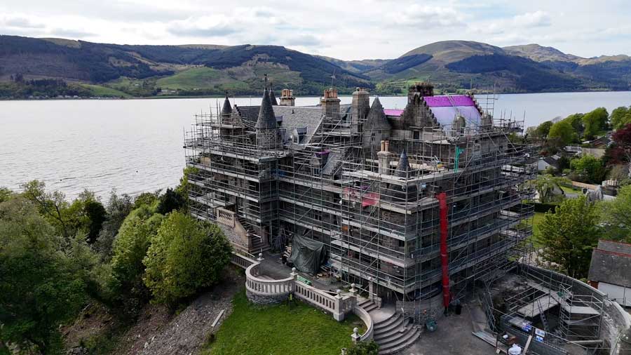 A view of the exterior of a Utah couple's castle in Cove, Scotland, as it undergoes renovations in 2026.