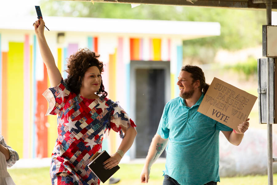 From left, Miss Cali Je and Mister Zae act out a scene from the children's book "For Spacious Skies: Katharine Lee Bates and the Inspiration for America the Beautiful." | Cody Roberts, EastIdahoNews.com