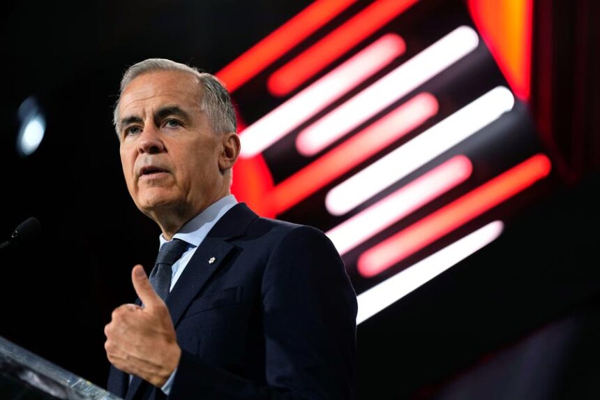 Canadian Prime Minister Mark Carney makes an address at the Canadian Association of Defense and Security Industries annual defense industry trade show CANSEC, in Ottawa, on Wednesday, May 27, 2026. | Justin Tang, The Canadian Press via Associated Press
