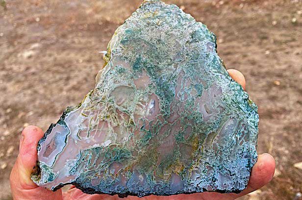 A slab of moss agate from a 30-pound rock found in Central Idaho.