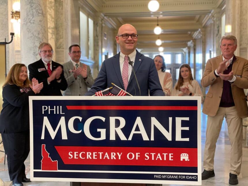 Phil McGrane, Idaho secretary of state, speaks at a campaign event at the Idaho Capitol in 2022. | Courtesy Phil McGrane