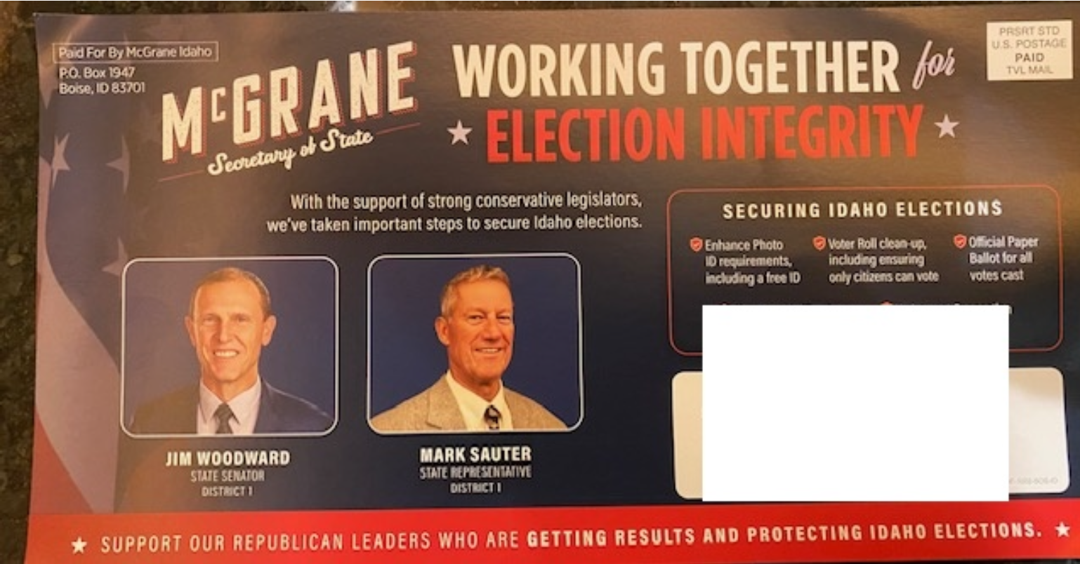A photo of the backside of a campaign mailer from Phil McGrane’s campaign endorsing incumbent North Idaho state legislative candidates Jim Woodward and Mark Sauter. (Photo from Scott Herndon’s complaint to the Idaho Secretary of State)