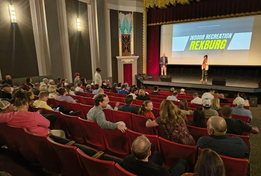 About 150 people gathered at the Romance Theater to hear how to help with "Indoor Rexburg Recreation." The initiative's goal is 2,000 signatures, which will place the option of creating an auditorium district on the May 2027 ballot in Madison County. | David George, EastIdahoNews.com