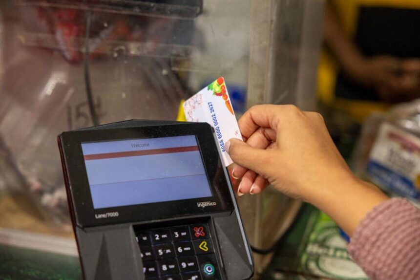 A shopper who receives SNAP benefits slides an EBT card at a checkout counter in a Washington, D.C., grocery store in December 2024. | U.S. Department of Agriculture