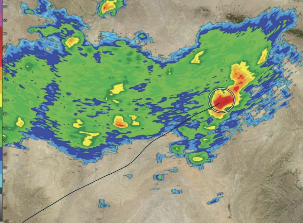 Ground Track of the Delta Air Lines Flight 56 and National Weather Service radar imagery at time of turbulence incident in July 2025. | National Transportation Safety Board