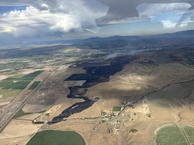 An aerial view of the Michaud Creek Fire burning Saturday, June 6, 2026, in Power County.
