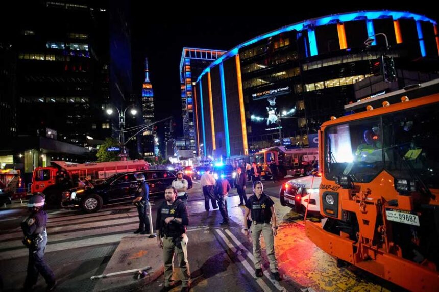 The motorcade of President Donald Trump leaves Madison Square Garden after he attended Game 3 of the NBA Finals between the New York Knicks and San Antonio Spurs in New York City, June 8, 2026.