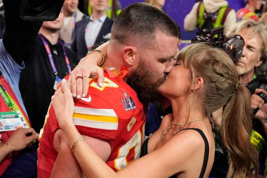 Travis Kelce and Taylor Swift were captured kissing on the field after the Kansas City Chiefs won the Superbowl, Sunday, Feb. 11, 2024, at Allegiant Stadium in Las Vegas, Nevada.