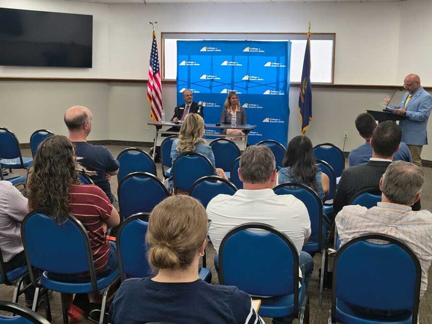 Sen. Dave Lent, R-Idaho Falls (left), and Idaho Superintendent Debbie Critchfield are seated before a crowd of parents and educators at a public education listening forum at the College of Eastern Idaho in Idaho Falls on Thursday, June 11, 2026.