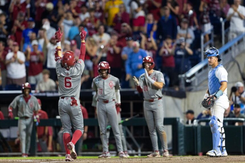 Oklahoma's Kyle Branch (6) celebrates after hitting a three-run home run against North Carolina in the eighth inning of Game 3 of the NCAA College World Series baseball finals in Omaha, Neb., Monday, June 22, 2026. (AP Photo/Rebecca S. Gratz)