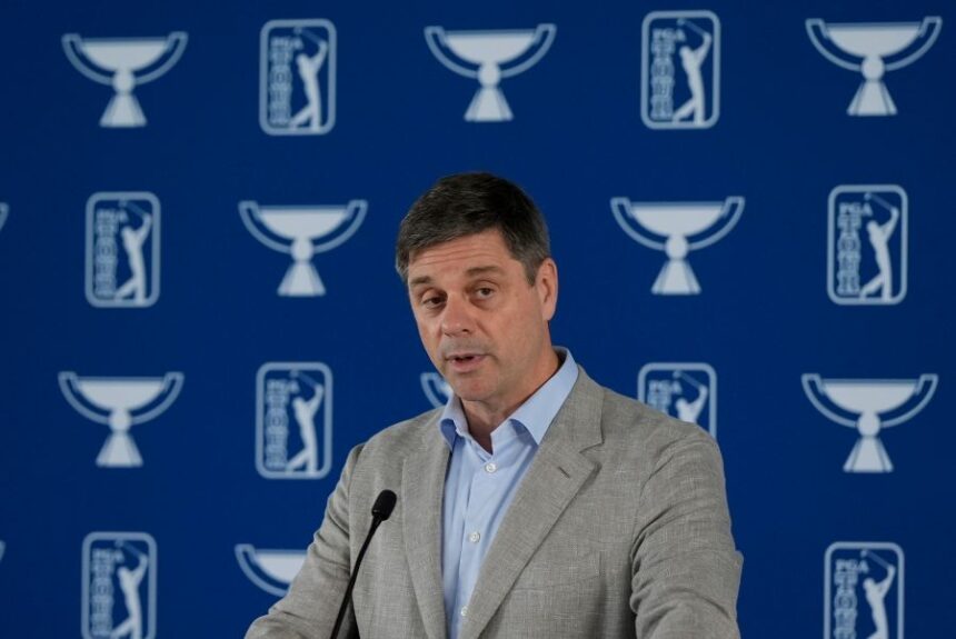 FILE - PGA Tour CEO Brian Rolapp speaks at the Tour Championship golf tournament, Wednesday, Aug. 20, 2025, in Atlanta. (AP Photo/Mike Stewart, File)