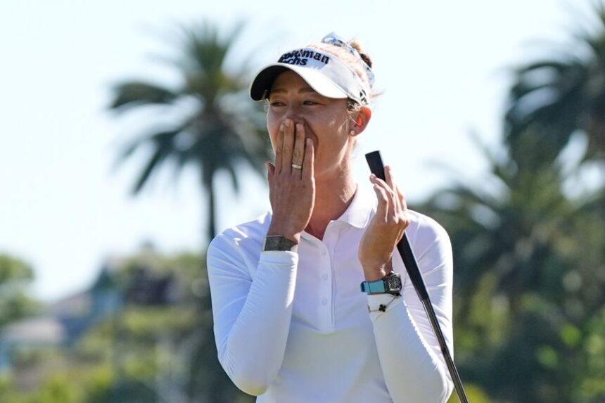 Nelly Korda reacts after winning the U.S. Women's Open golf tournament Sunday, June 7, 2026, in the Pacific Palisades area of Los Angeles. (AP Photo/Ashley Landis)