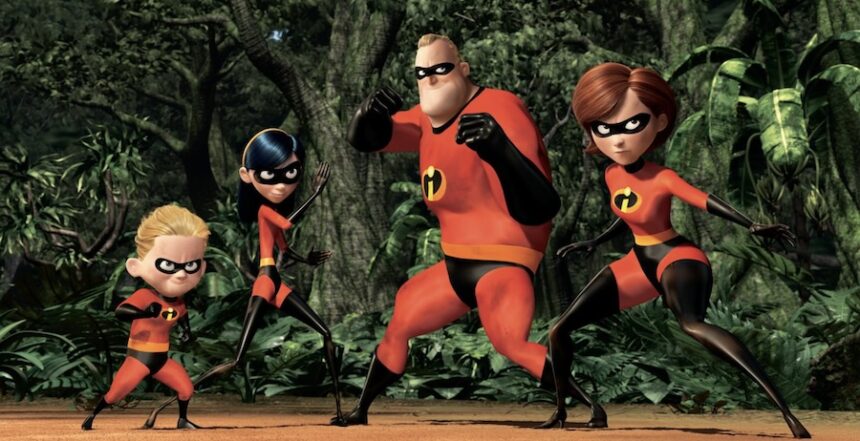 Dash Parr, voiced by Spencer Fox; Violet Parr, voiced by Sarah Vowell; Mr. Incredible, voiced by Craig T. Nelson; and Elastigirl, voiced by Holly Hunter in the 2004 film "The Incredibles." (Pixar Animation Studios)