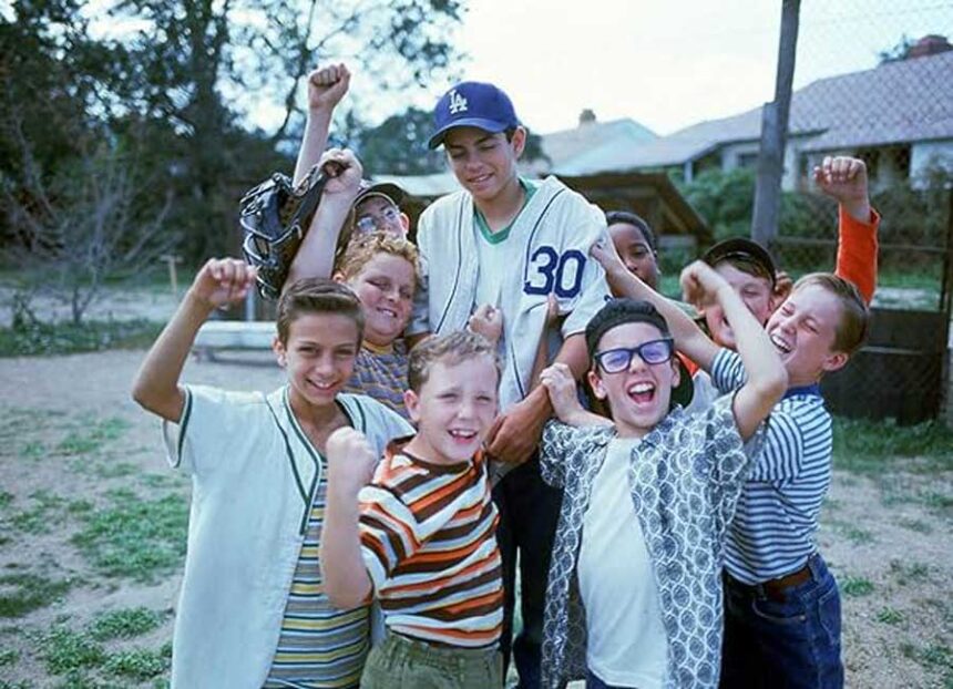 Actors Brandon Quintin Adams, Victor DiMattia, Grant Gelt, Tom Guiry, Chauncey Leopardi, Shane Obedzinski, Patrick Renna, Mike Vitar and Marty York appear in a scene from the 1993 film "The Sandlot."