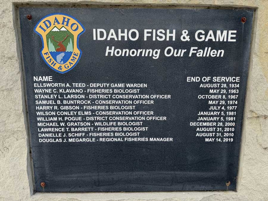 Former Idaho Fish and Game Conservation Officer Sam Buntrock's name is listed on this memorial located in front of the Fish and Game headquarters building in Boise. This memorial honors all those Idaho Fish and Game employees who have fallen in the line of duty.