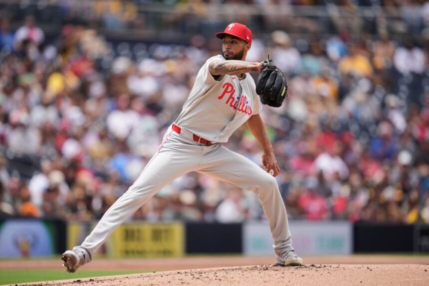 Philadelphia Phillies starting pitcher Cristopher Sánchez works against a San Diego Padres batter during the second inning of a baseball game Wednesday, May 27, 2026, in San Diego. (AP Photo/Gregory Bull)