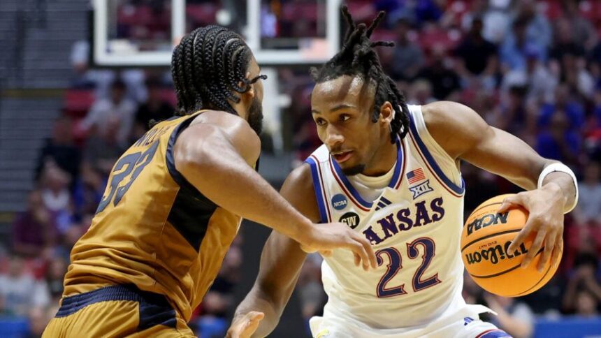 SAN DIEGO, CALIFORNIA - MARCH 20: Darryn Peterson #22 of the Kansas Jayhawks drives to the basket against Martel Williams #33 of the California Baptist Lancers during the second half of the game in the first round of the 2026 NCAA Men's Basketball Tournament at Viejas Arena at San Diego State University on March 20, 2026 in San Diego, California. (Photo by Sean M. Haffey/Getty Images)
