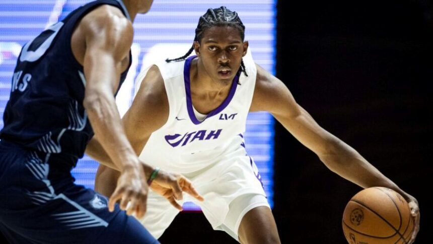 Utah Jazz forward Cody Williams (5) dribbles the ball down the court during an NBA Salt Lake City Summer League game between the Utah Jazz and the Memphis Grizzlies at the Jon M. Huntsman Center on the campus of the University of Utah in Salt Lake City on Monday, July 7, 2025. (Photo courtesy of Brice Tucker, Deseret News)