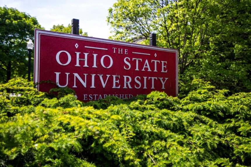 FILE - This photo shows a sign for Ohio State University in Columbus, Ohio, on May 8, 2019. (AP Photo/Angie Wang, File)