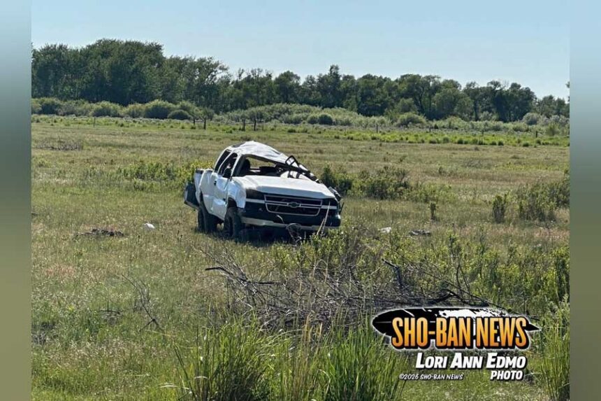 A wrecked pickup truck is seen in the Fort Hall Bottoms following a crash that killed a young boy and left a man critically injured on Saturday, June 13, 2026.
