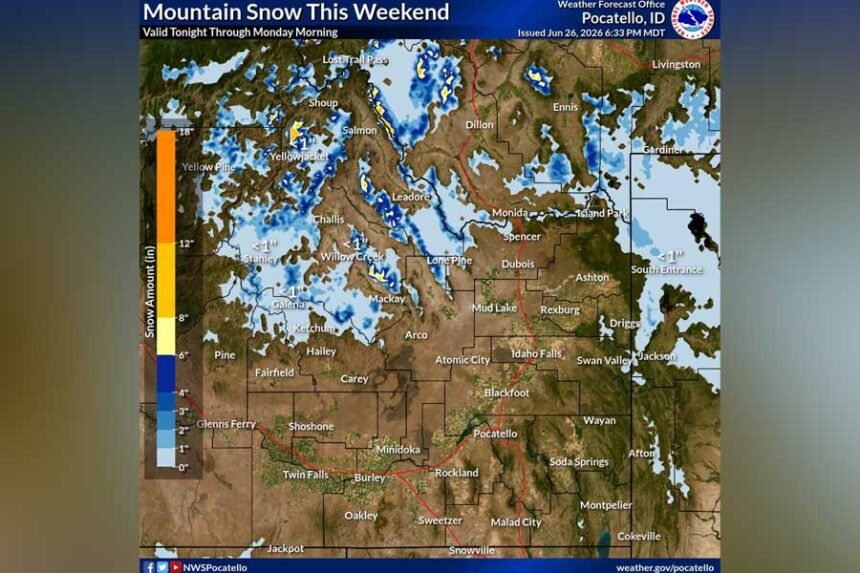 NWS Pocatello map of mountain snow expected this weekend, Saturday, June 27, 2026.
