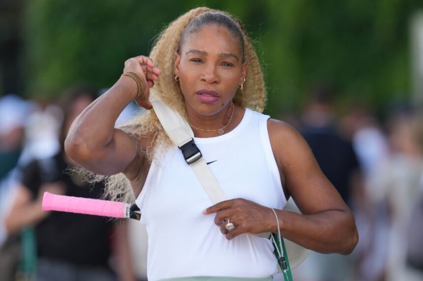 Serena Williams of the United States arrives to practice one day ahead of the start of the Wimbledon Tennis Championships in London, Sunday, June 28, 2026. (AP Photo/Kin Cheung)
