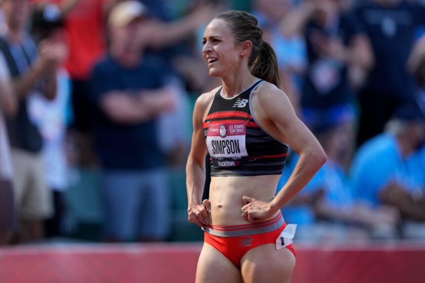 FILE - Jenny Simpson smiles after the finals of the women's 1500-meter run at the U.S. Olympic Track and Field Trials June 21, 2021, in Eugene, Ore. (AP Photo/Ashley Landis, File)