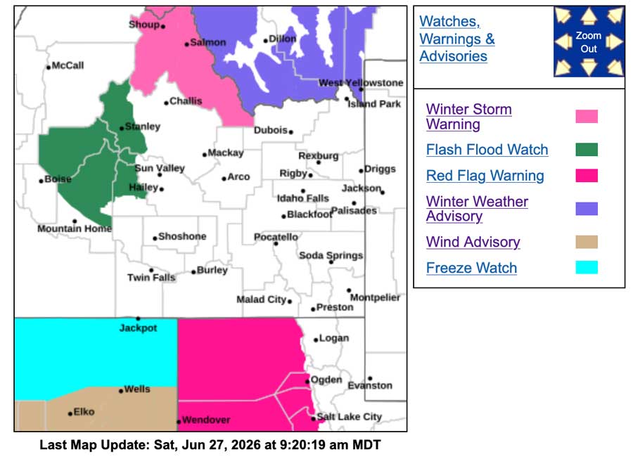 NWS Pocatello weather watches, warnings and advisories map for Saturday, June 27, 2026. (National Weather Service Pocatello)