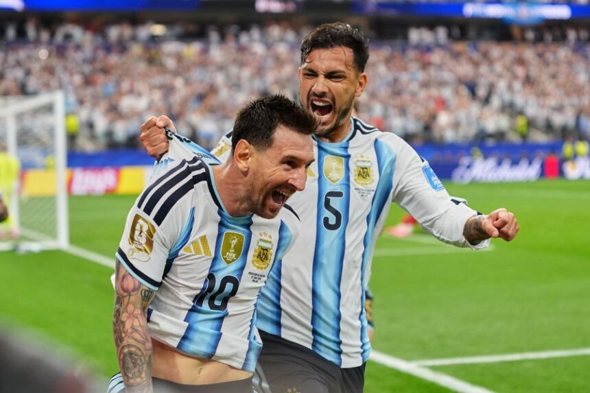 Argentina's Lionel Messi, center, celebrates after scoring his side's second goal during the World Cup Group J soccer match between Argentina and Austria in Arlington, Texas, near Dallas, Monday, June 22, 2026. (AP Photo/Julio Cortez)