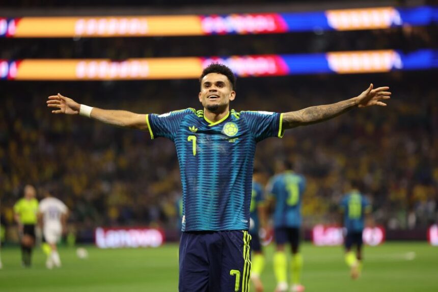 Colombia's Luis Diaz (7) celebrates after scoring their second goal during the World Cup Group K soccer match between Uzbekistan and Colombia in Mexico City, Wednesday, June 17, 2026. (AP Photo/Ashtin Barker)