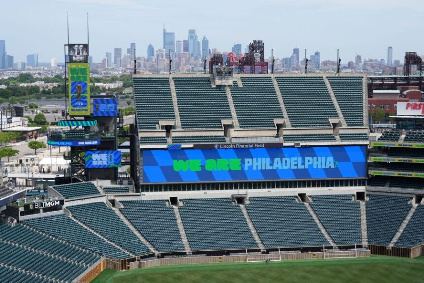 A general view of Lincoln Financial Field as it is rebranded as Philadelphia Stadium, Wednesday, May 13, 2026, ahead of the 2026 FIFA World Cup soccer matches in Philadelphia. (AP Photo/Matt Rourke)
